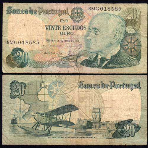 Nota de 20 Escudos 1978 Gago Coutinho, 20$00 04/10/1978 Chapa: 9 - Banco de Portugal (MuitoCirculada)