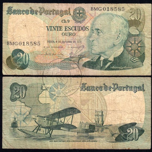 Nota de 20 Escudos 1978 Gago Coutinho, 20$00 04/10/1978 Chapa: 9 - Banco de Portugal (Muito Circulada)