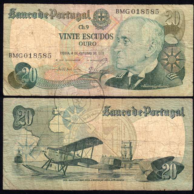 Nota de 20 Escudos 1978 Gago Coutinho, 20$00 04/10/1978 Chapa: 9 - Banco de Portugal (Muito Circulada)