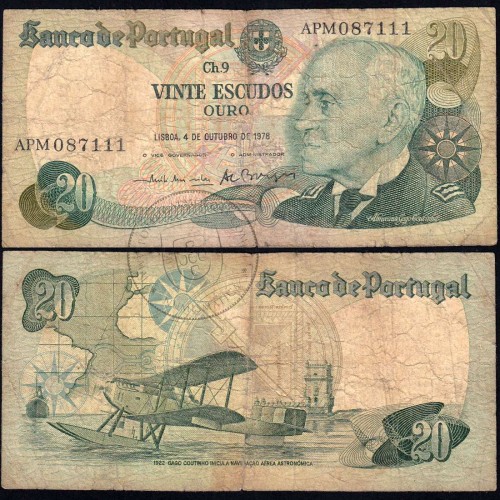 Nota de 20 Escudos 1978 Gago Coutinho, 20$00 04/10/1978 Chapa: 9 - Banco de Portugal (Muito Circulada)