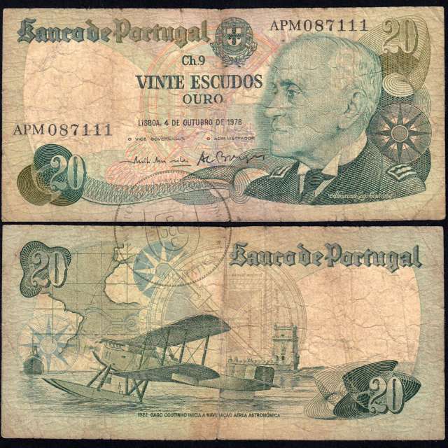 Nota de 20 Escudos 1978 Gago Coutinho, 20$00 04/10/1978 Chapa: 9 - Banco de Portugal (Muito Circulada)