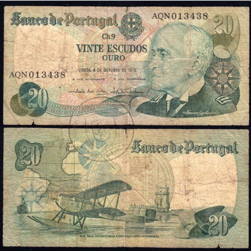Nota de 20 Escudos 1978 Gago Coutinho, 20$00 04/10/1978 Chapa: 9 - Banco de Portugal (Muito Circulada)