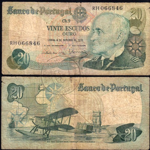 Nota de 20 Escudos 1978 Gago Coutinho, 20$00 04/10/1978 Chapa: 9 - Banco de Portugal (Muito Circulada)