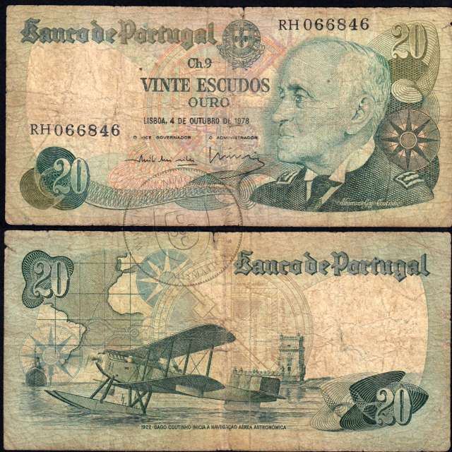 Nota de 20 Escudos 1978 Gago Coutinho, 20$00 04/10/1978 Chapa: 9 - Banco de Portugal (Muito Circulada)