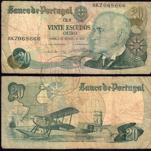 Nota de 20 Escudos 1978 Gago Coutinho, 20$00 04/10/1978 Chapa: 9 - Banco de Portugal (Muito Circulada)