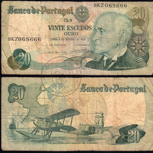 Nota de 20 Escudos 1978 Gago Coutinho, 20$00 04/10/1978 Chapa: 9 - Banco de Portugal (Muito Circulada)