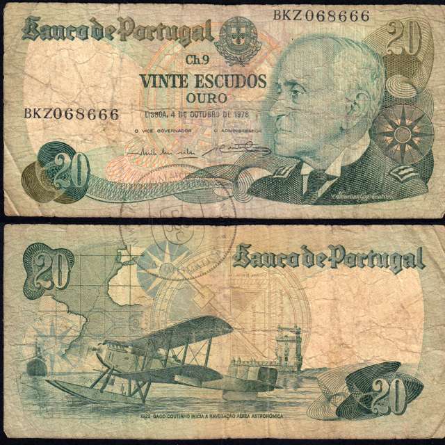 Nota de 20 Escudos 1978 Gago Coutinho, 20$00 04/10/1978 Chapa: 9 - Banco de Portugal (Muito Circulada)