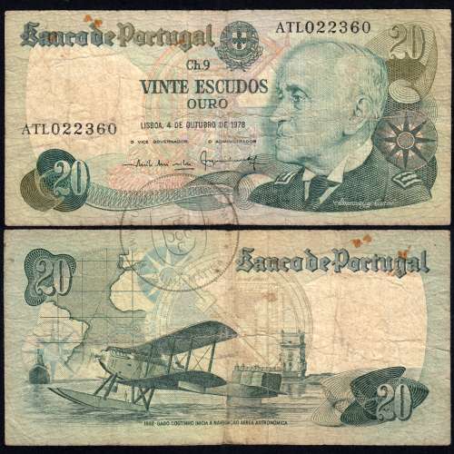 Nota de 20 Escudos 1978 Gago Coutinho, 20$00 04/10/1978 Chapa: 9 - Banco de Portugal (Muito Circulada)