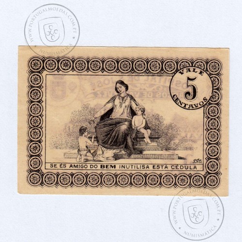 Cédula 5 Centavos Arcos de Valdevez Hospital de S. José, (NC), Referencia nº 640 variante Tipo I, no catálogo I.C.P.