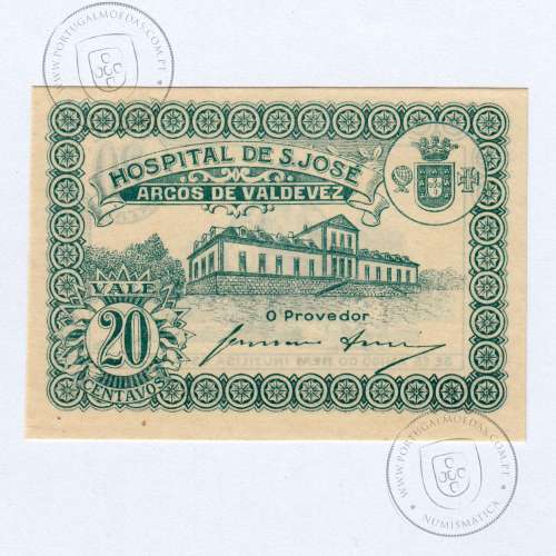 Cédula 20 Centavos Arcos de Valdevez Hospital de S. José, (NC), Referencia nº 641 variante Tipo I, no catálogo I.C.P.