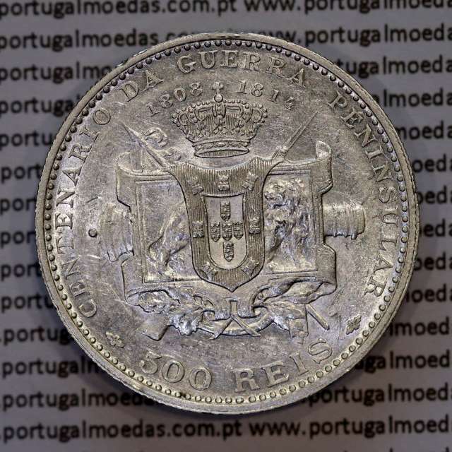 500 réis 1910 prata D. Manuel II, Centenário da Guerra Peninsular de 1808-1814, (Bela), World Coins Portugal KM 556.