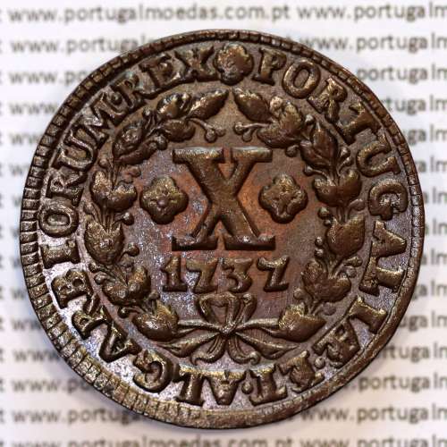 Portugal, copper coin of X Réis 1737 of D. João V, ∅ 34mm, Thick disc 2 mm, (UNC), Very rare coin in this state of conservation