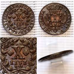 X Réis 1737 cobre D. João V, ∅ 34mm, Disco grosso, 7 cachos à direita e 7 cachos à esquerda, muito rara em (Bela / Soberba)