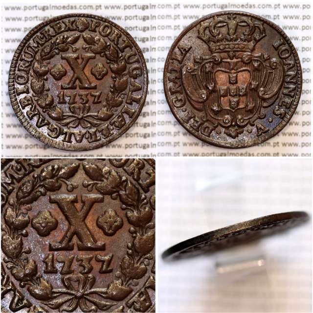X Réis 1737 cobre D. João V, ∅ 34mm, Disco grosso, 7 cachos à direita e 7 cachos à esquerda, muito rara em (Bela / Soberba)