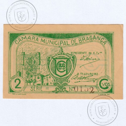 Cédula 2 Centavos Camara Municipal de Bragança, Série H Nº0152, (NC), Referencia nº 1148 no catálogo I.C.P.