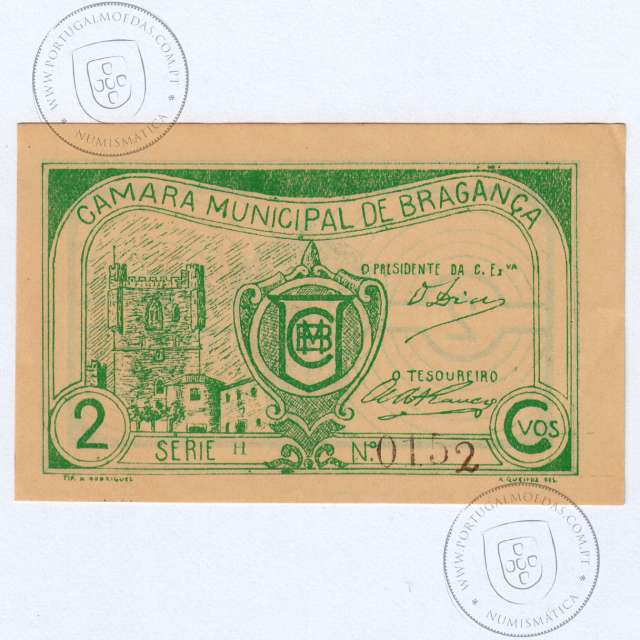 Portuguese notgeld, 2 Centavos Camara Municipal de Bragança, series H, (NC), Private emergency money notes from 1917 to 1925.