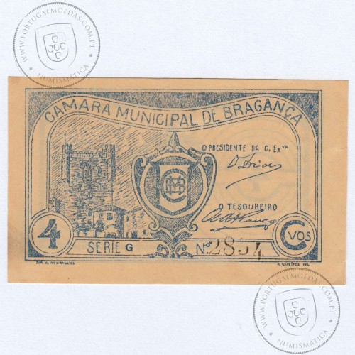 Portuguese notgeld, 4 Centavos Camara Municipal de Bragança, series G, (NC), Private emergency money notes from 1917 to 1925.