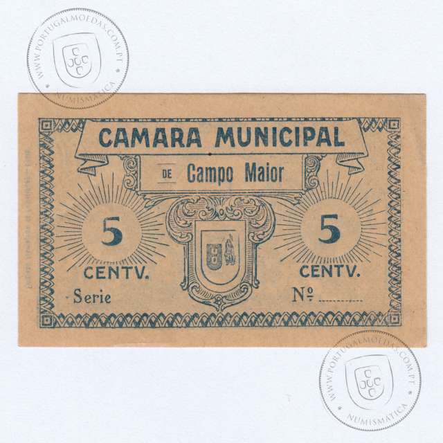 Portuguese notgeld, 5 Centavos Camara Municipal de Campo Maior, (NC), Private emergency money notes from 1917 to 1925.