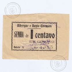 Cédula 1 Centavo Albergue e Azylo Elvenses "Senha de 1 Centavo" Elvas, (QNC), Referencia nº 1641 no catálogo I.C.P.