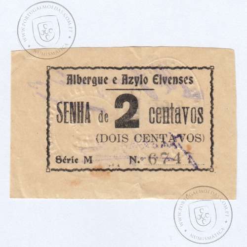 Cédula 2 Centavos Albergue e Azylo Elvenses "Senha de 2 Centavos" Elvas, (QNC), Referencia nº 1643 no catálogo I.C.P.