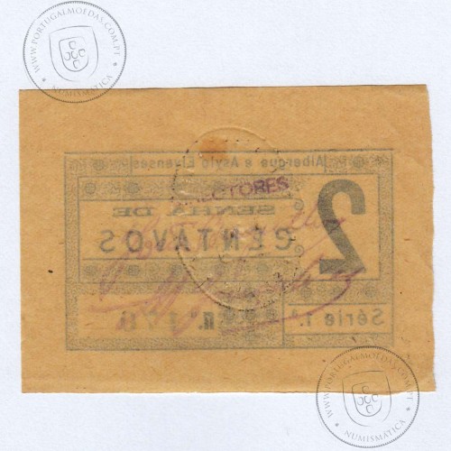 Cédula 2 Centavos Albergue e Azylo Elvenses "Senha de 2 Centavos" Elvas, (NC), Referencia nº 1645 no catálogo I.C.P.