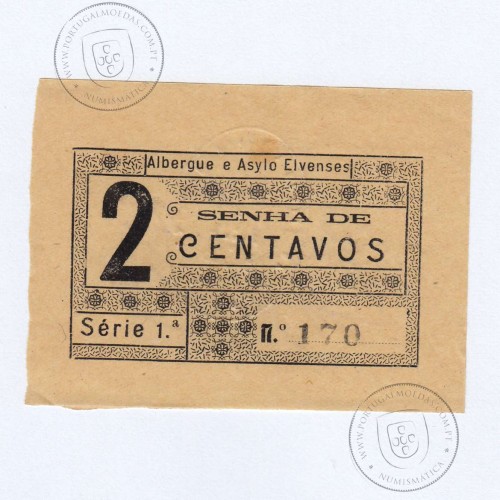 Cédula 2 Centavos Albergue e Azylo Elvenses "Senha de 2 Centavos" Elvas, (NC), Referencia nº 1645 no catálogo I.C.P.