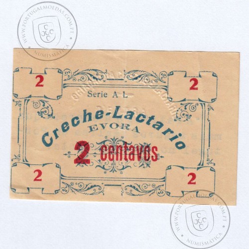 Cédula 2 Centavos Creche-Lactário Évora "Traços 6mm, ornatos tipo 1, serie AL", (QNC), Referencia nº 1752a no catálogo I.C.P.