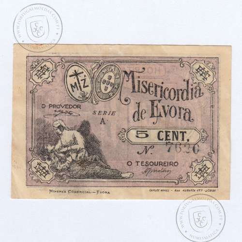 Cédula, 5 Centavos Misericórdia de Évora, rodapé com "M-C-E" fantasiadas, serie A, (QNC), Referencia nº 1767 no catálogo I.C.P.