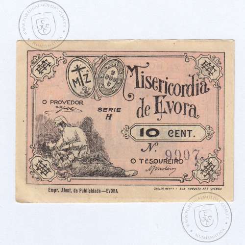 Cédula, 10 Centavos Misericórdia de Évora, "Empr. Alent. de Publicidade-Evora", serie H, (QNC), Referencia nº 1770 Cat. I.C.P.