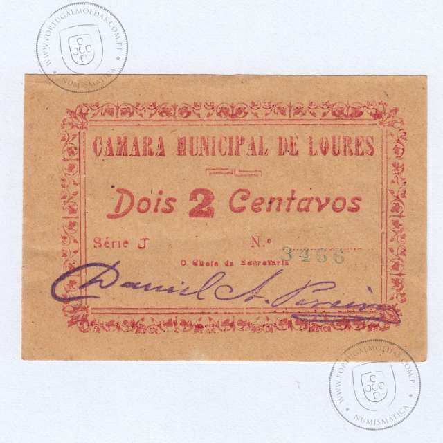 Cédula, 2 Centavos Camara Municipal de Loures "Cercadura tipo 2", Série J nº3466 , (NC), Referencia nº 2494 no catálogo I.C.P.