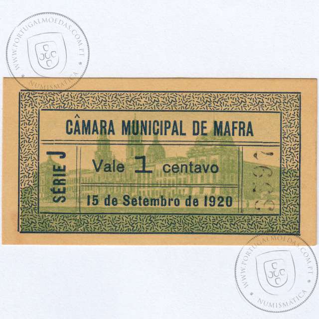 Cédula, 1 Centavo Camara Municipal de Mafra "15 de Setembro 1920", Série J nº3597 , (NC), Referencia nº 2557 no catálogo I.C.P.