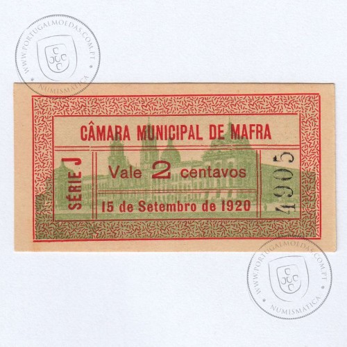 Cédula, 2 Centavos Camara Municipal de Mafra "15 de Setembro 1920", Série J nº4905 , (NC), Referencia nº 2558 no catálogo I.C.P.