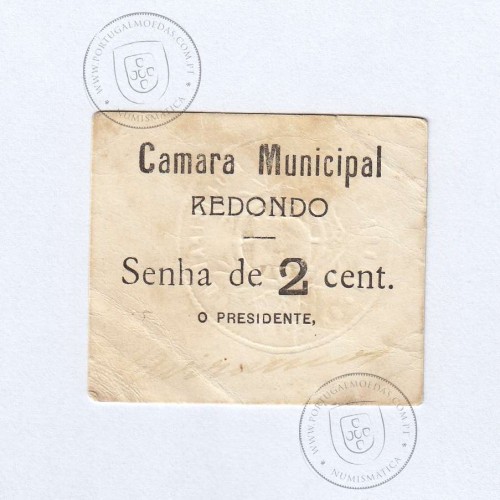 Cédula, 2 Centavos Camara Municipal de Redondo, "Senha de 2 cent.", (PC), Referencia nº 3605 no catálogo I.C.P.