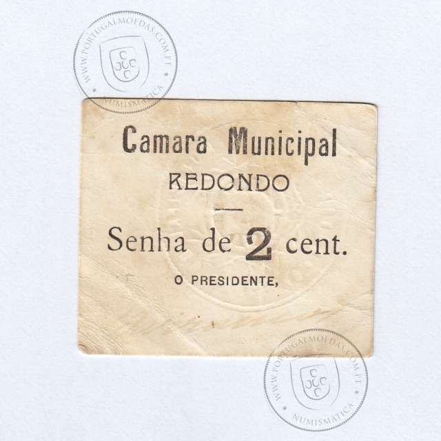 Cédula, 2 Centavos Camara Municipal de Redondo, "Senha de 2 cent.", (PC), Referencia nº 3605 no catálogo I.C.P.