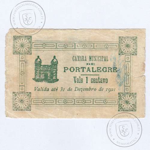 Cédula, 1 Centavo Camara Municipal de Portalegre "Valida até 31 Dezembro 1921", Série III , (C), Ref. nº 3387 no catálogo I.C.P.