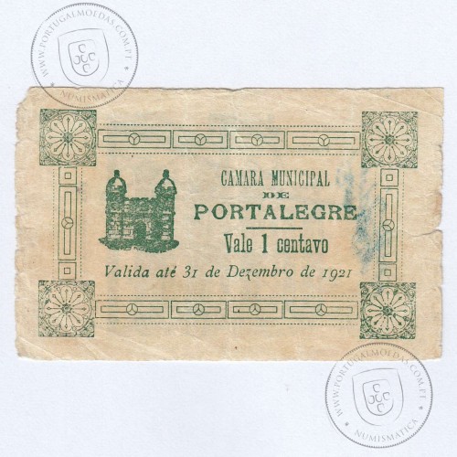 Cédula, 1 Centavo Camara Municipal de Portalegre "Valida até 31 Dezembro 1921", Série III , (C), Ref. nº 3387 no catálogo I.C.P.