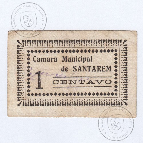 Portuguese notgeld, 1 Centavo Camara Municipal de Santarém, (C), Private emergency money notes from 1917 to 1925.
