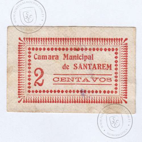 Portuguese notgeld, 2 Centavos Camara Municipal de Santarém, (C), Private emergency money notes from 1917 to 1925.