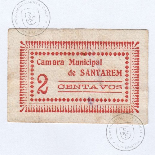 Cédula, 2 Centavos Camara Municipal de Santarém, "u" fantasiado, (C), Referencia nº 3692 no catálogo I.C.P.