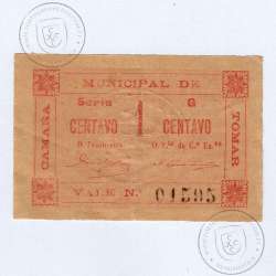 Cédula, 1 Centavo Camara Municipal de Tomar, "Estrelas dos cantos em posição 4", (PC), Referencia nº 4089 no catálogo I.C.P.