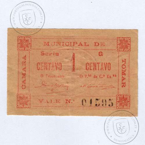 Portuguese notgeld, 1 Centavo Camara Municipal de Tomar, (PC), Private emergency money notes from 1917 to 1925.