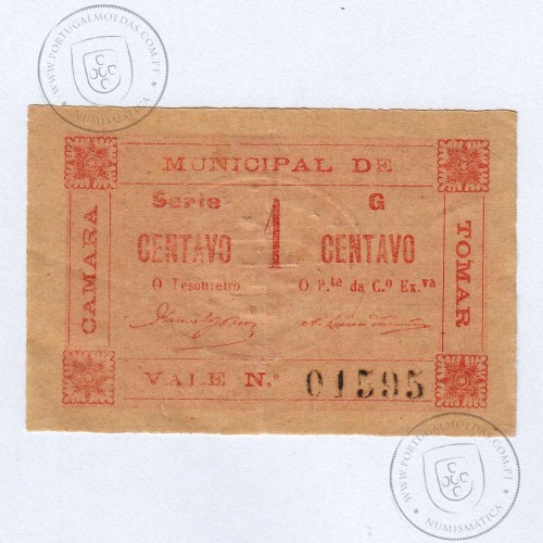 Portuguese notgeld, 1 Centavo Camara Municipal de Tomar, (PC), Private emergency money notes from 1917 to 1925.