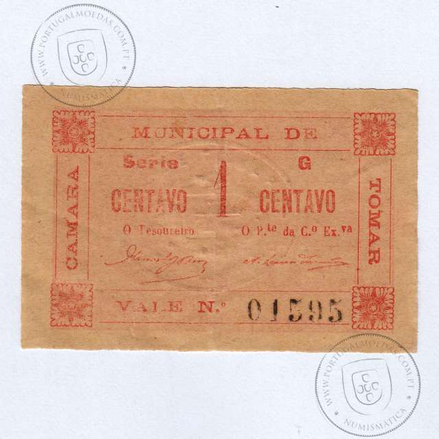 Cédula, 1 Centavo Camara Municipal de Tomar, "Estrelas dos cantos em posição 4", (PC), Referencia nº 4089 no catálogo I.C.P.