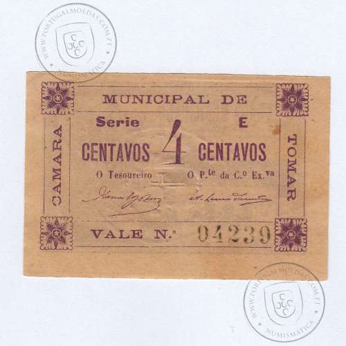 Cédula, 4 Centavos Camara Municipal de Tomar, "Estrelas dos cantos em posição 4", (NC), Referencia nº 4091 no catálogo I.C.P.