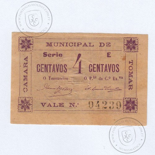 Portuguese notgeld, 4 Centavos Camara Municipal de Tomar, (NC), Private emergency money notes from 1917 to 1925.