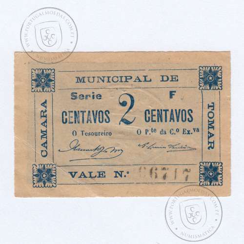 Portuguese notgeld, 2 Centavos Camara Municipal de Tomar, (PC), Private emergency money notes from 1917 to 1925.