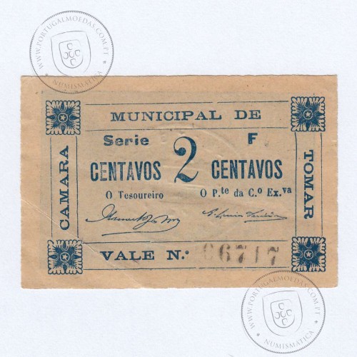 Cédula, 2 Centavos Camara Municipal de Tomar, "Estrelas dos cantos em posição 1", (PC), Referencia nº 4081 no catálogo I.C.P.