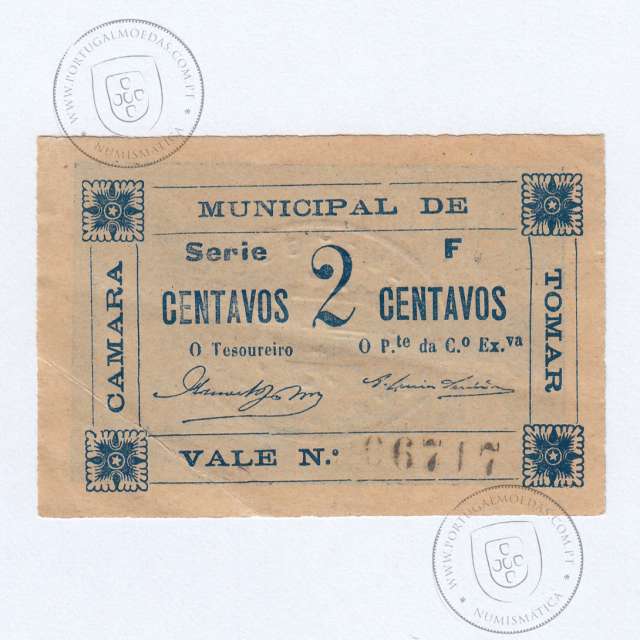 Cédula, 2 Centavos Camara Municipal de Tomar, "Estrelas dos cantos em posição 1", (PC), Referencia nº 4081 no catálogo I.C.P.