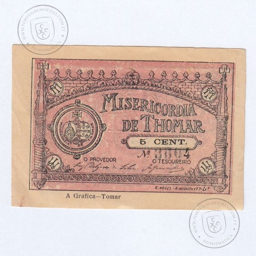 Portuguese notgeld, 5 Centavos de Tomar, "MISERICORDIA DE THOMAR", (PC), Private emergency money notes from 1917 to 1925.