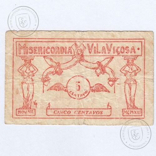 Cédula, 5 Centavos Misericórdia de Vila Viçosa, Novembro 1921, "Empreza" escrita com "z", (MC), Ref. nº 4572 no catálogo I.C.P.